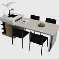 Modern Dining Table Set With White Tabletop Black Chairs Magazine Sink Faucet And Wooden Shelves
