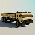 Beige Military Truck With Open Cargo Bed Large Off-Road Tires And Roof Warning Lights