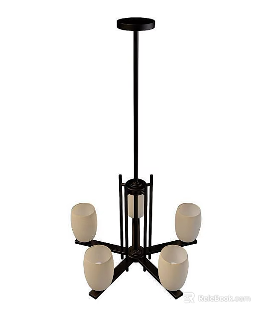 Tech Exhibition Hall Interior Featuring Modern Black Metal Pendant Light With White Glass Shades 3d model 