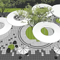 Park Landscape With Circular Structures Trees Geometric Pavement And Seating With Umbrellas 3d model
