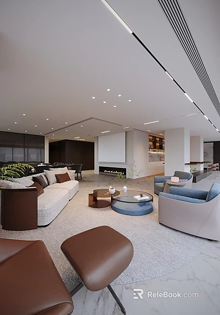 Modern Living and Dining Room Interior With Comfortable Sofa Coffee Table Fireplace and Dining Table 3d model