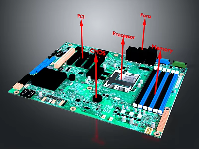 Detailed View of Computer Motherboard with Processor Memory PCI Slots and Ports 3d model