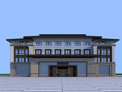 Traditional Chinese Style Multi Story Building With Classic Roof Large Windows And Symmetrical Front Design 3d model