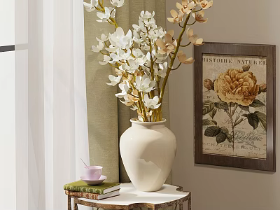 White Ceramic Vase with White and Beige Flowers on Small Table and Floral Painting 3d model