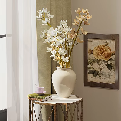 White Ceramic Vase with White and Beige Flowers on Small Table and Floral Painting 3d model