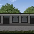 Modern Detached Villa Exterior With Dark Doors Large Windows Paved Courtyard And Green Trees
