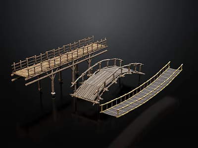 Wooden Bridge And Walkway Models With Plank Railings And Platforms 3d model