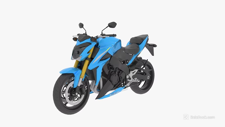 Blue Sport Motorcycle With Modern Sleek Body Black Seat And Yellow Front Forks 3d model 