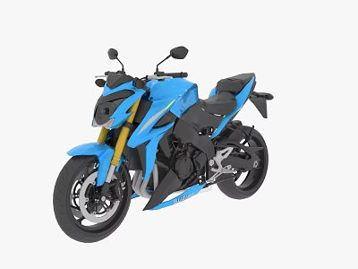 Blue Sport Motorcycle With Modern Sleek Body Black Seat And Yellow Front Forks 3d model