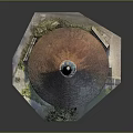 Traditional Round Red Brick Building with Conical Roof Small Window and Hexagonal Grass Pedestal