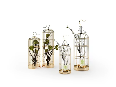 Golden Birdcage Decorative Ornament Set With Green Plants Branches And Small Decorations 3d model