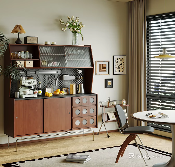 Wooden Sideboard With Glass Cabinet Lamp Coffee Machine Fruits And Framed Pictures By Window 3d model 