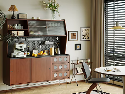 Wooden Sideboard With Glass Cabinet Lamp Coffee Machine Fruits And Framed Pictures By Window 3d model