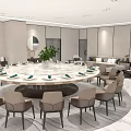 Modern Elegant Private Dining Room With Round Table Chairs Sofa And Marble Floor 3d model