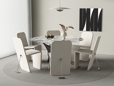 Minimalist Modern Round Glass Top Dining Table With Beige Chairs Pendant Light And Wall Art 3d model