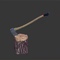 Axe With Wooden Handle And Metal Head On Chopped Textured Tree Stump
