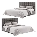 Modern Gray Tufted Upholstered Double Bed With White Sheets And Gray Pillows 3d model