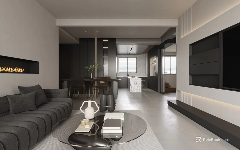 Modern Living and Dining Room Interior With Gray Sofa Round Coffee Table And White Vase 3d model 