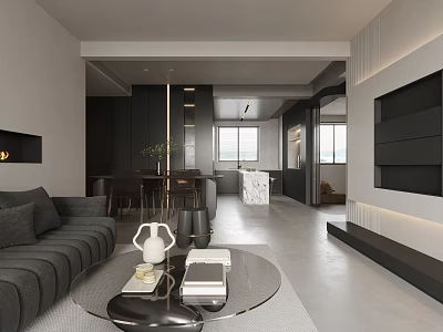 Modern Living and Dining Room Interior With Gray Sofa Round Coffee Table And White Vase 3d model