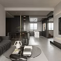 Modern Living and Dining Room Interior With Gray Sofa Round Coffee Table And White Vase