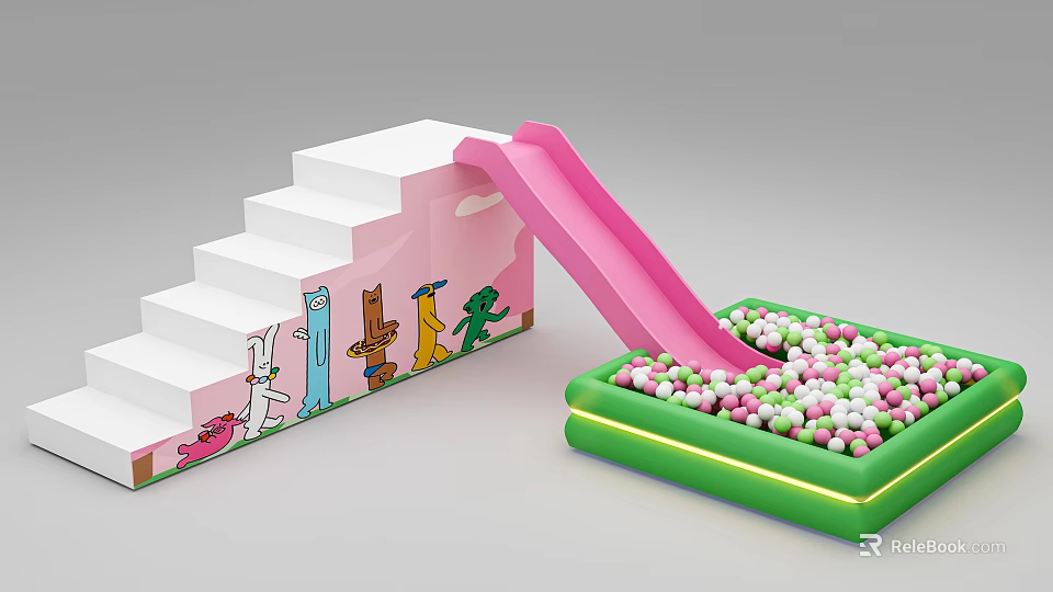 Playground Equipment with Pink Slide White Steps Colorful Cartoon Figures and Green Inflatable Ball Pit 3d model 