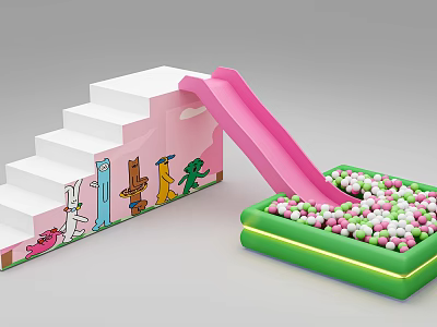 Playground Equipment with Pink Slide White Steps Colorful Cartoon Figures and Green Inflatable Ball Pit 3d model