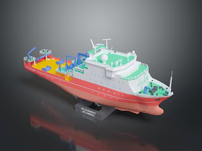 Red and White Water Vessel Model With Green Superstructure And Deck Equipment 3d model