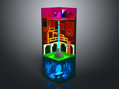 Colorful Pixel Art Cartoon Scene With Multi Layer Structure And Glowing Elements 3d model