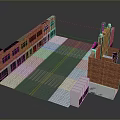 Red Brick Buildings Two Rows Central Road Paved Ground Yellow Lines And Small White Structure