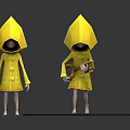 Two Characters In Yellow Hooded Raincoats Holding Guitar Standing On Platform Against Gray Background
