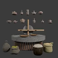 Rustic Stone Coffee Table With Wooden Cross Structure Surrounded By Clay Pots And Rice Sacks 3d model