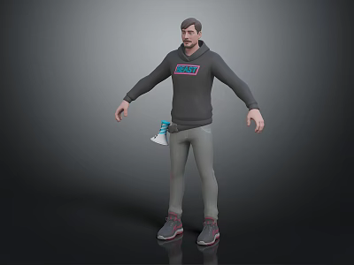 3D Male Character Model Wearing Grey Hoodie Pants And Sneakers With Pink Blue Logo 3d model