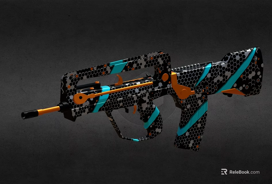 Modern Artistic Gun With Colorful Hexagonal Pattern And Black Blue Orange Accents 3d model 