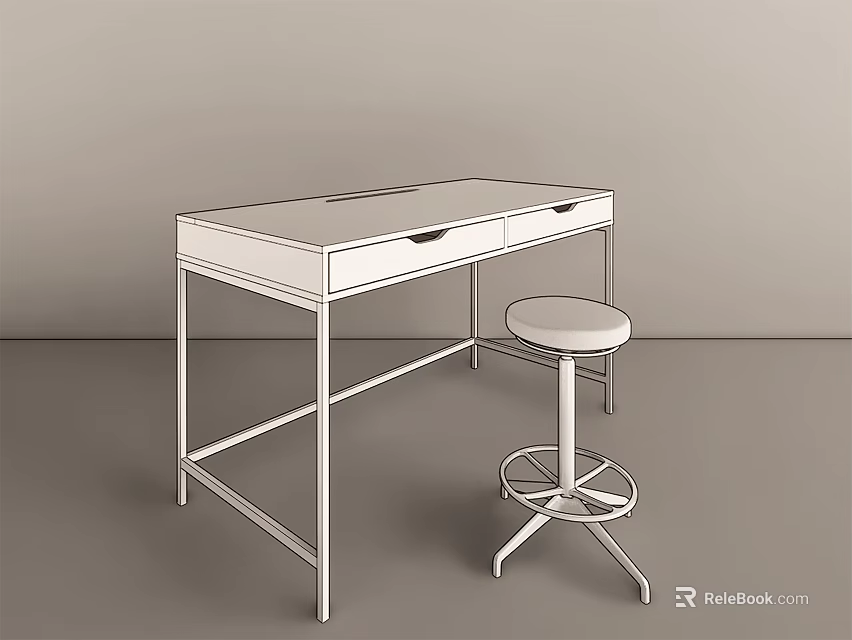 Modern White Desk with Drawers and Swivel Stool in Minimalist Room 3d model 