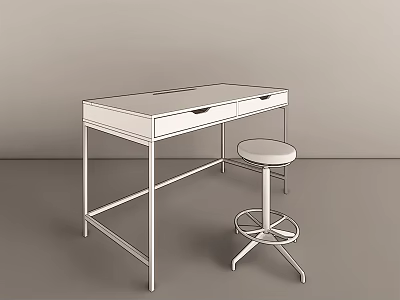 Modern White Desk with Drawers and Swivel Stool in Minimalist Room 3d model