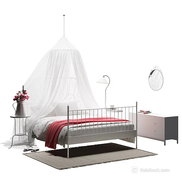 White Metal Frame Double Bed with Canopy Red Blanket Polka Dot Sheet and Side Table 3d model