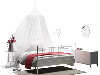 White Metal Frame Double Bed with Canopy Red Blanket Polka Dot Sheet and Side Table 3d model