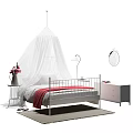 White Metal Frame Double Bed with Canopy Red Blanket Polka Dot Sheet and Side Table 3d model