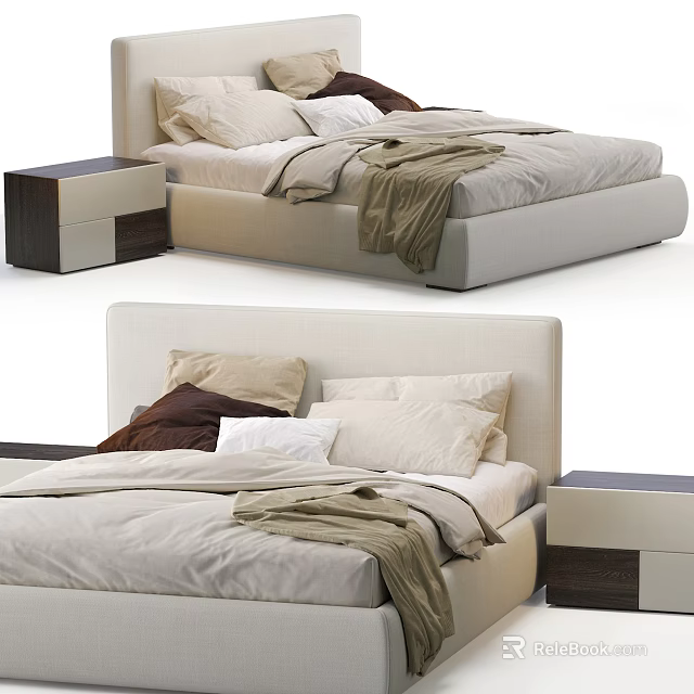 Modern Double Bed With Neutral Bedding Pillows Blanket And Wooden Nightstand 3d model 