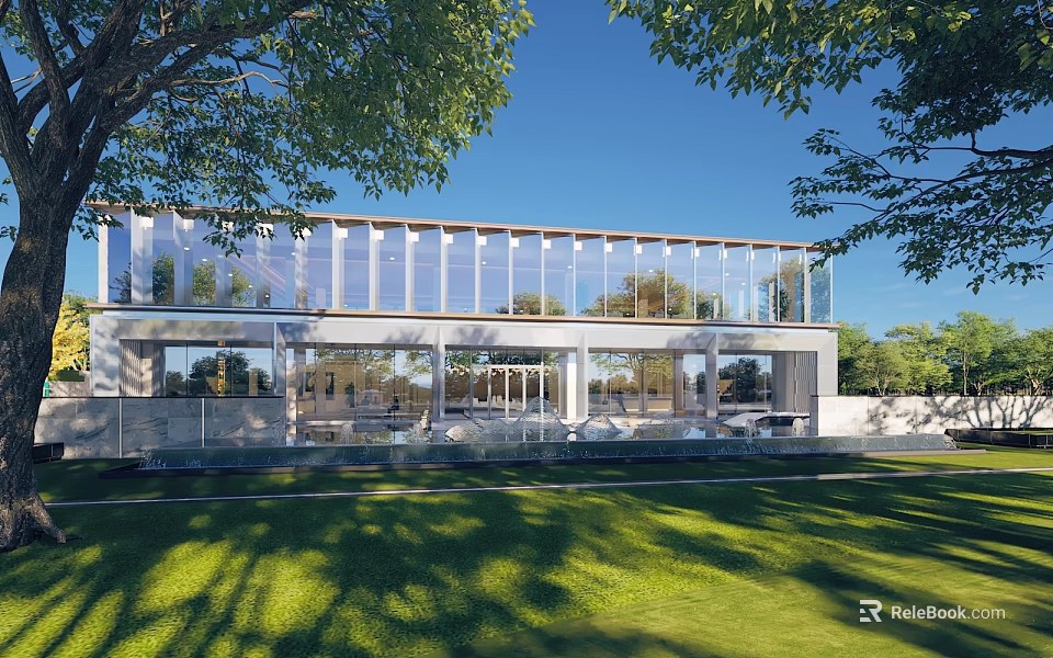 Modern Residential Building with Large Glass Walls and Lush Green Surrounding Lawns 3d model 