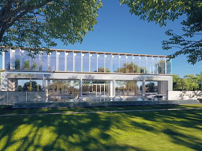 Modern Residential Building with Large Glass Walls and Lush Green Surrounding Lawns 3d model