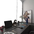 Modern Black Desk with Laptop Headphones Open Book Pen Cup Window Blinds and Wall Art