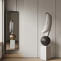 Abstract Human Figure Sculpture On White Pedestal With Black Sphere And Mirror Reflection