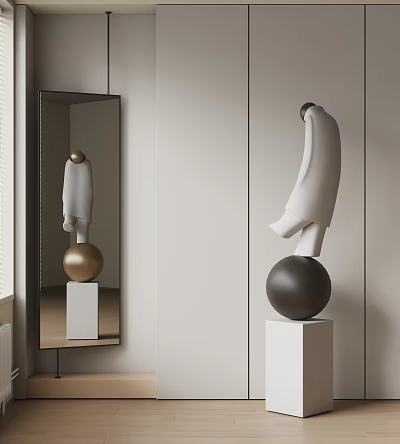 Abstract Human Figure Sculpture On White Pedestal With Black Sphere And Mirror Reflection 3d model