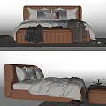 Modern Double Bed With Leather Headboard Bed Bench Pillows And Blanket 3d model