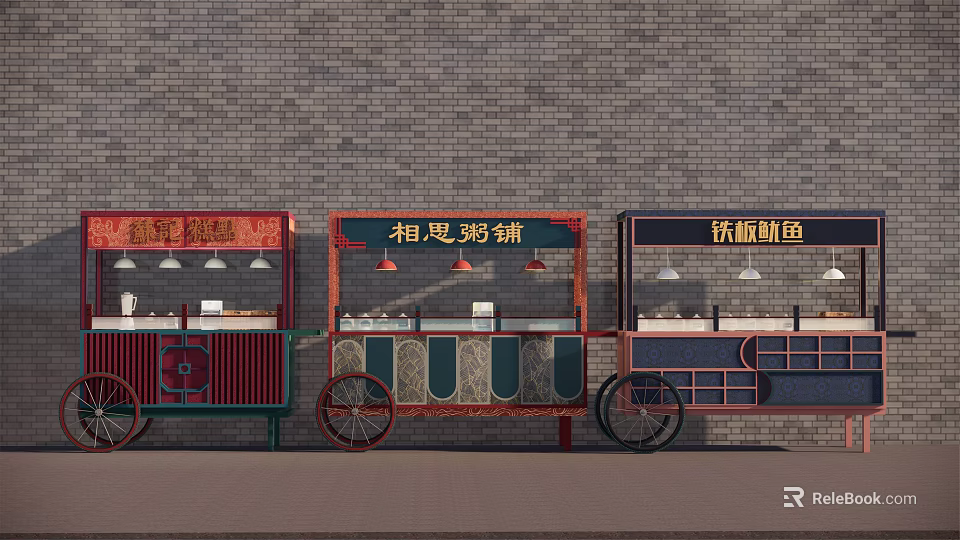 Traditional Style Functional Food Carts with Signboards Wheels and Brick Wall Background 3d model 