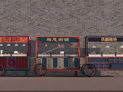 Traditional Style Functional Food Carts with Signboards Wheels and Brick Wall Background 3d model