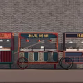 Traditional Style Functional Food Carts with Signboards Wheels and Brick Wall Background