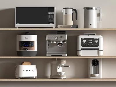 Essential Kitchen Appliances Arranged On Shelves Including Microwave Kettle Rice Cooker Coffee Machine And Toaster 3d model