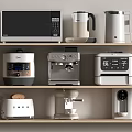 Essential Kitchen Appliances Arranged On Shelves Including Microwave Kettle Rice Cooker Coffee Machine And Toaster